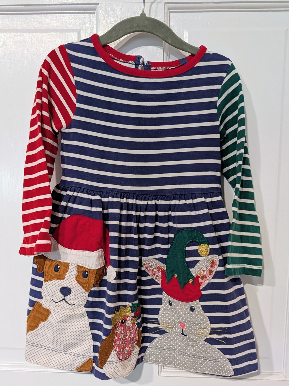 Mini Boden Navy & White Stripe Holiday Applique Dress with Red and Green Sleeves